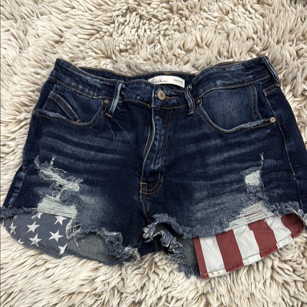KanCan Dark Blue Distressed Jean Shorts with American Flag Detail